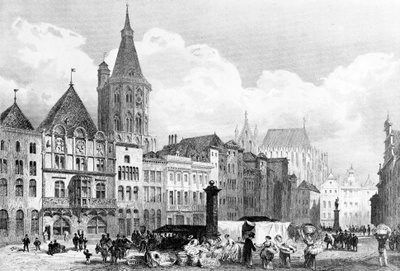 Alter Markt (Keulen) met stadhuis en stadhuistoren. Op de achtergrond de nog onvoltooide Dom van Keulen door Adolphe Rouargue